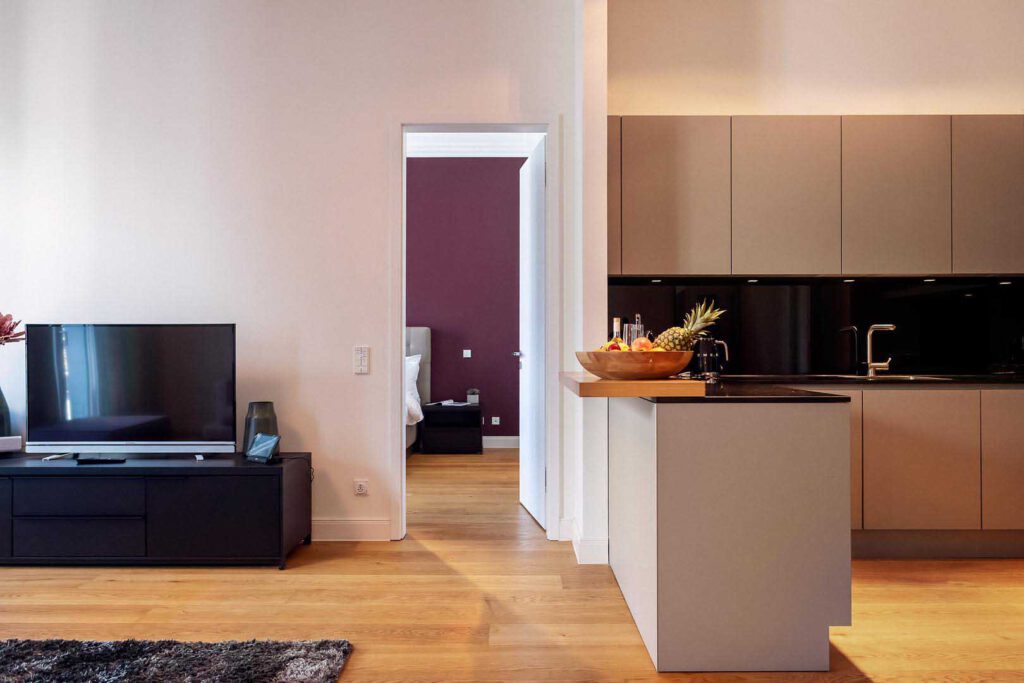 Wohnzimmer des Premium Apartment in den The Wellem Residences in Düsseldorf