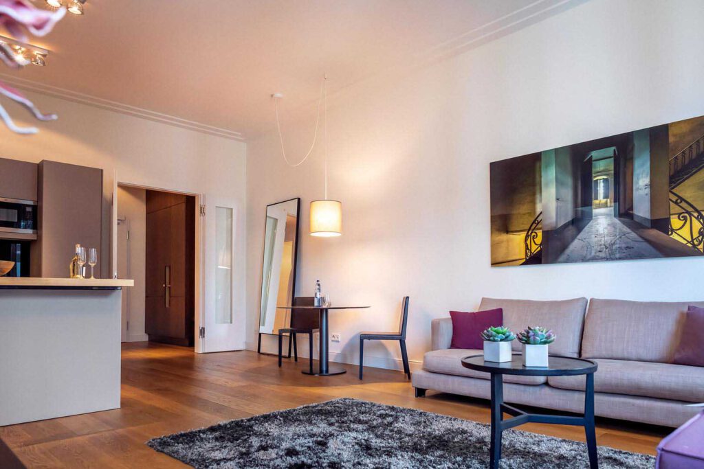 Wohnzimmer des Premium Apartment in den The Wellem Residences in Düsseldorf