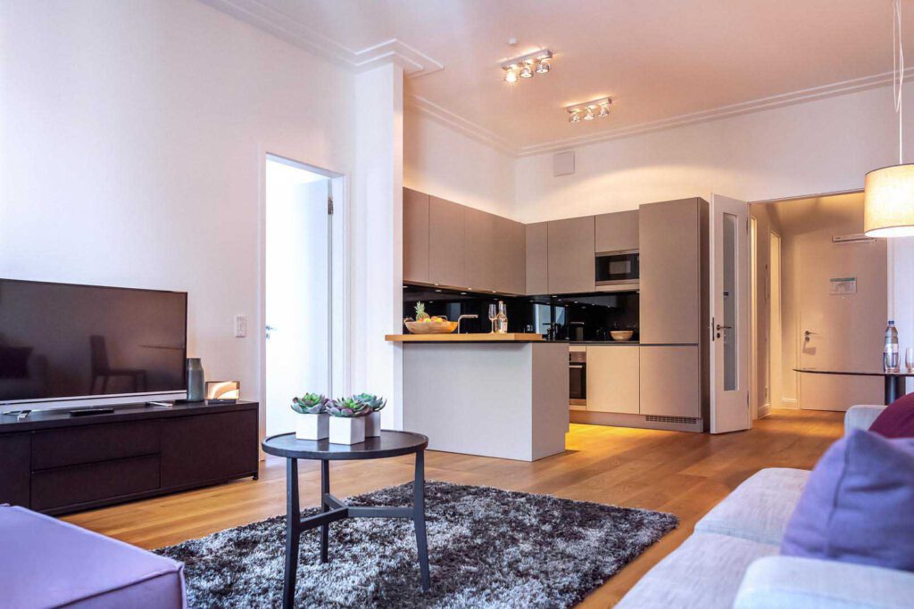 Wohnzimmer des Premium Apartment in den The Wellem Residences in Düsseldorf