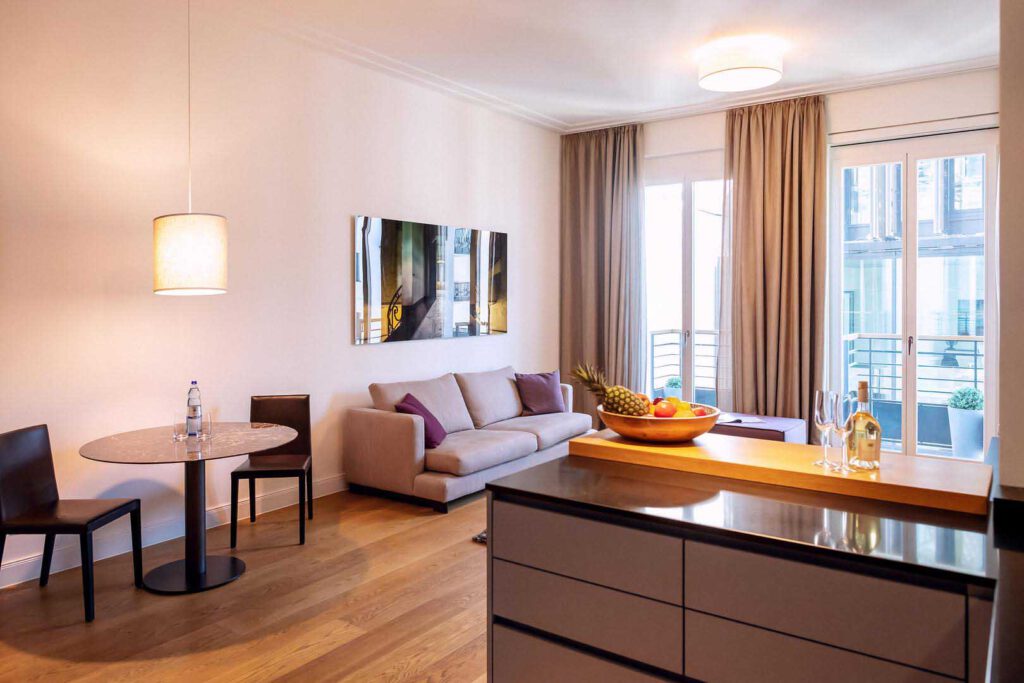 Wohnzimmer des Premium Apartment in den The Wellem Residences in Düsseldorf
