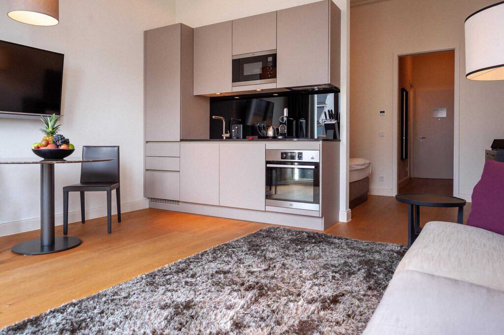 Wohnzimmer des Studio in den The Wellem Residences in Düsseldorf