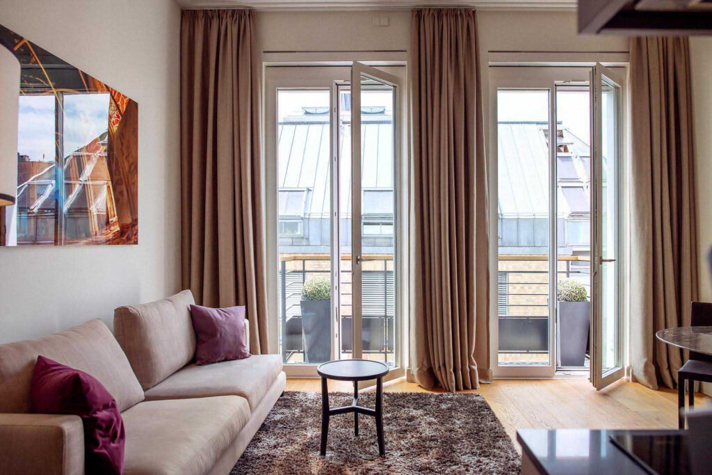 Wohnzimmer des Studio in den The Wellem Residences in Düsseldorf